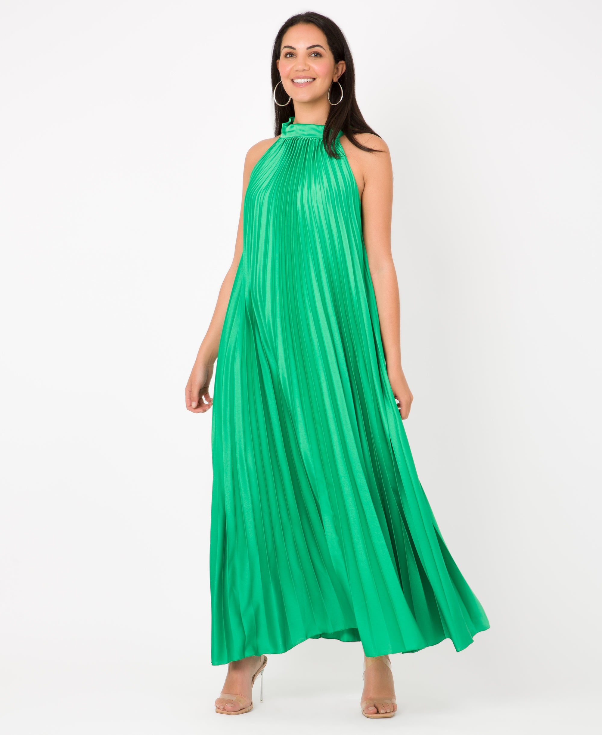 KRISP Plain Pleated Satin Halterneck Maxi Dress (11111)